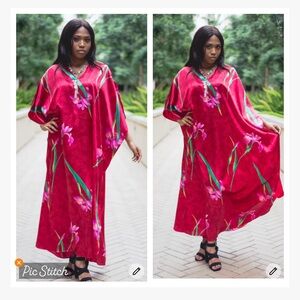 Winlar Red Satin Floral Kaftan Maxi Dress